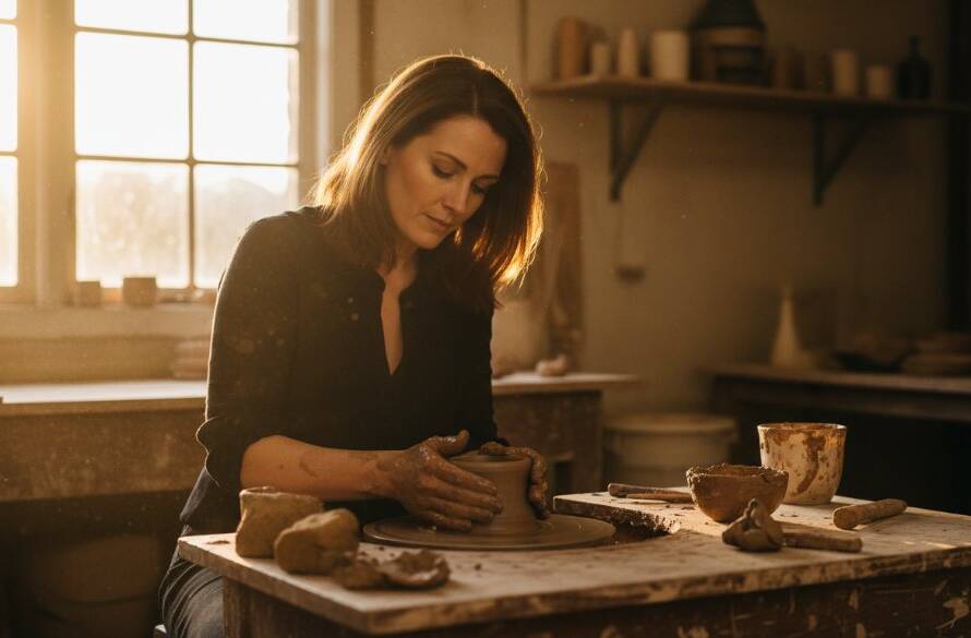 Dynamic Malvern East Commercial Photography Storytelling featuring a local artisan passionately crafting a unique piece, dramatically lit in their workshop, highlighting dedication and skill.