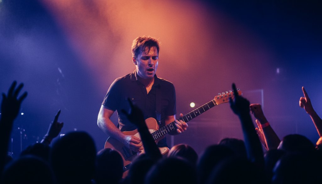 An epic moment of Malvern East concert photography storytelling, featuring a lead singer bathed in dramatic purple and blue stage lights, passionately performing to a cheering crowd at a local Malvern East venue in Victoria, with dynamic energy captured in stunning detail by a professional photographer.
