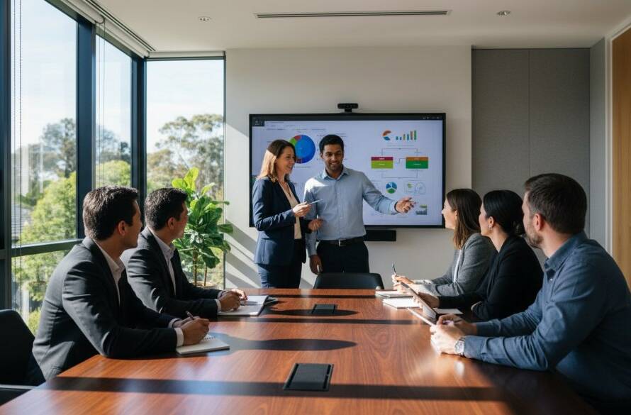 A dramatic, low-angle shot of a diverse group of business professionals in a modern Malvern East office, collaborating intensely, bathed in warm, cinematic light, capturing the essence of Malvern East corporate photography enhancing brand image.