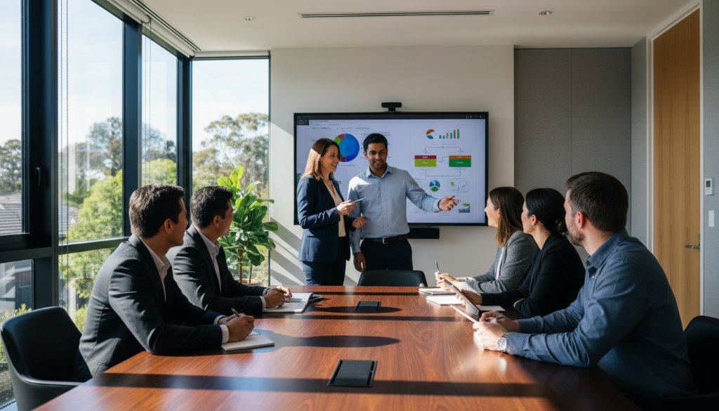 A dramatic, low-angle shot of a diverse group of business professionals in a modern Malvern East office, collaborating intensely, bathed in warm, cinematic light, capturing the essence of Malvern East corporate photography enhancing brand image.