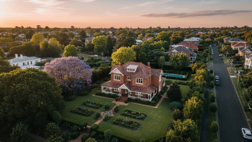 Panoramic Malvern East drone photography elevated perspectives shot at sunset, showcasing a grand heritage home and lush gardens, bathed in golden light with subtle urban sprawl in the distance, capturing an epic, professional aerial view.