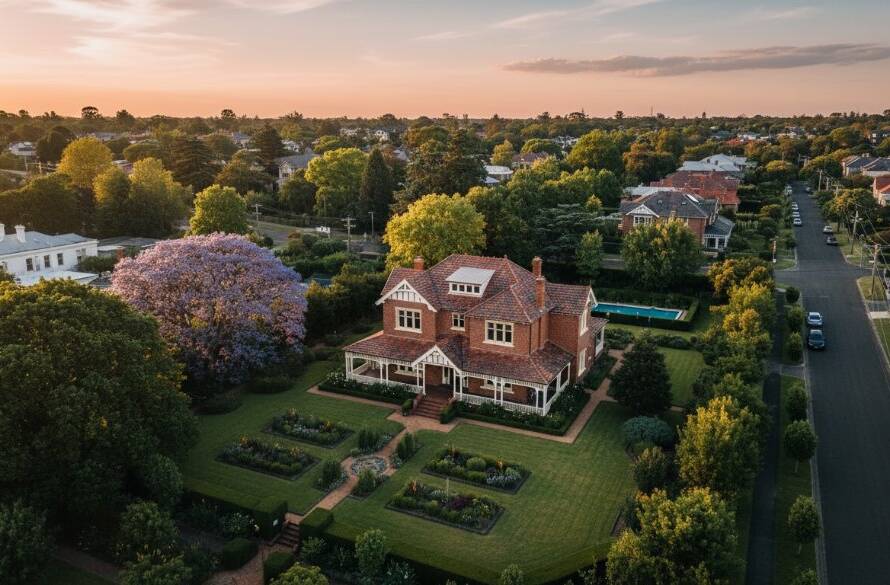 Panoramic Malvern East drone photography elevated perspectives shot at sunset, showcasing a grand heritage home and lush gardens, bathed in golden light with subtle urban sprawl in the distance, capturing an epic, professional aerial view.