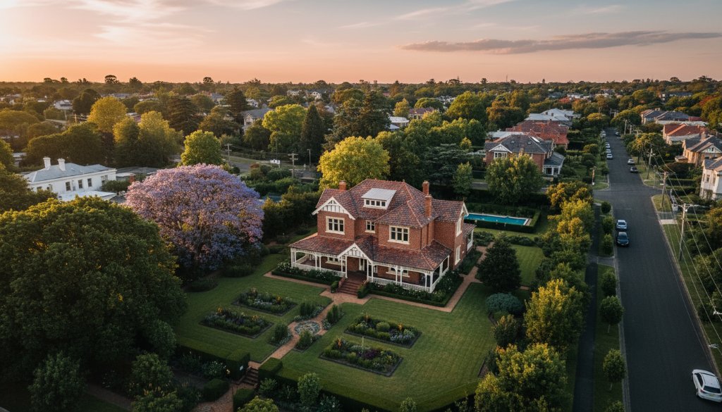 Panoramic Malvern East drone photography elevated perspectives shot at sunset, showcasing a grand heritage home and lush gardens, bathed in golden light with subtle urban sprawl in the distance, capturing an epic, professional aerial view.