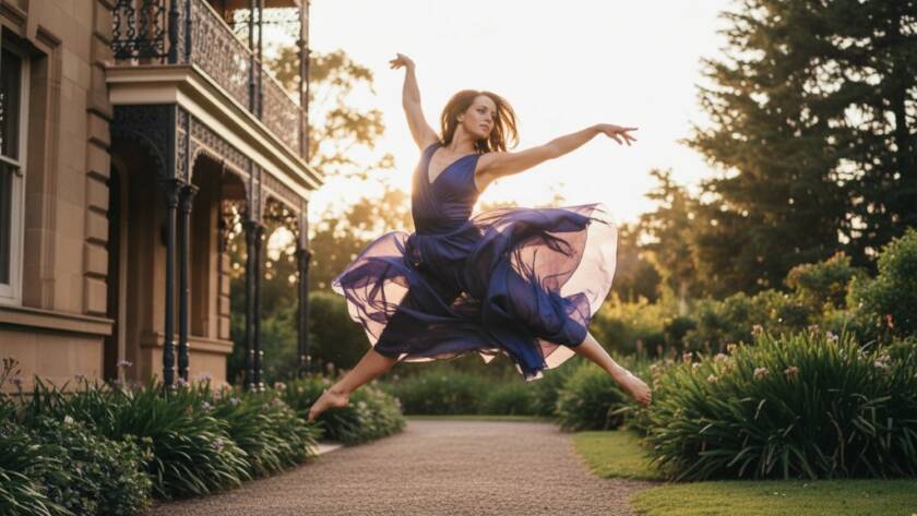 A dramatic and dynamic photograph featuring a dancer mid-leap, silhouetted against a golden Malvern East sunset, showcasing Malvern East dynamic dance photography with incredible grace and power.