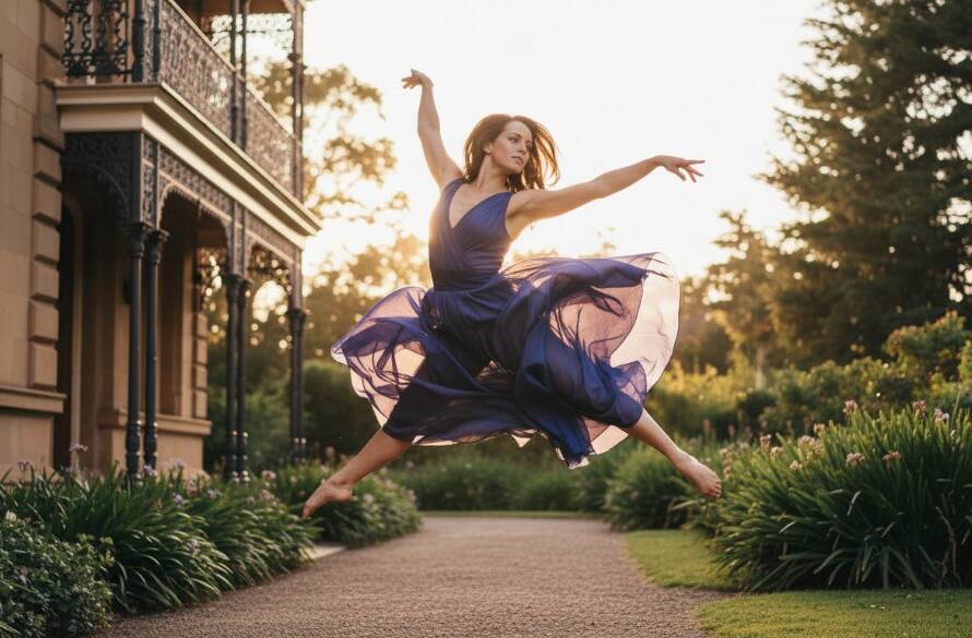 A dramatic and dynamic photograph featuring a dancer mid-leap, silhouetted against a golden Malvern East sunset, showcasing Malvern East dynamic dance photography with incredible grace and power.