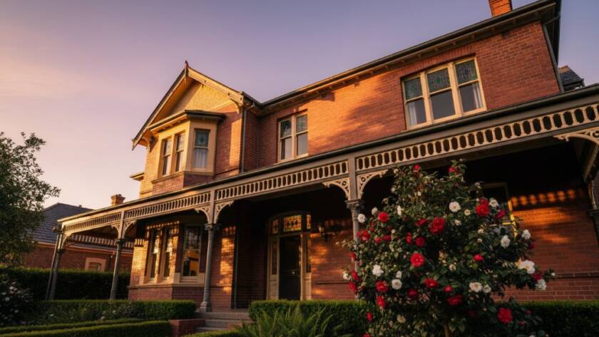 Dramatic wide-angle shot capturing the intricate brickwork and ornate details of a grand Malvern East Edwardian architecture photography subject under a golden hour sky, evoking timeless elegance and a strong sense of place.