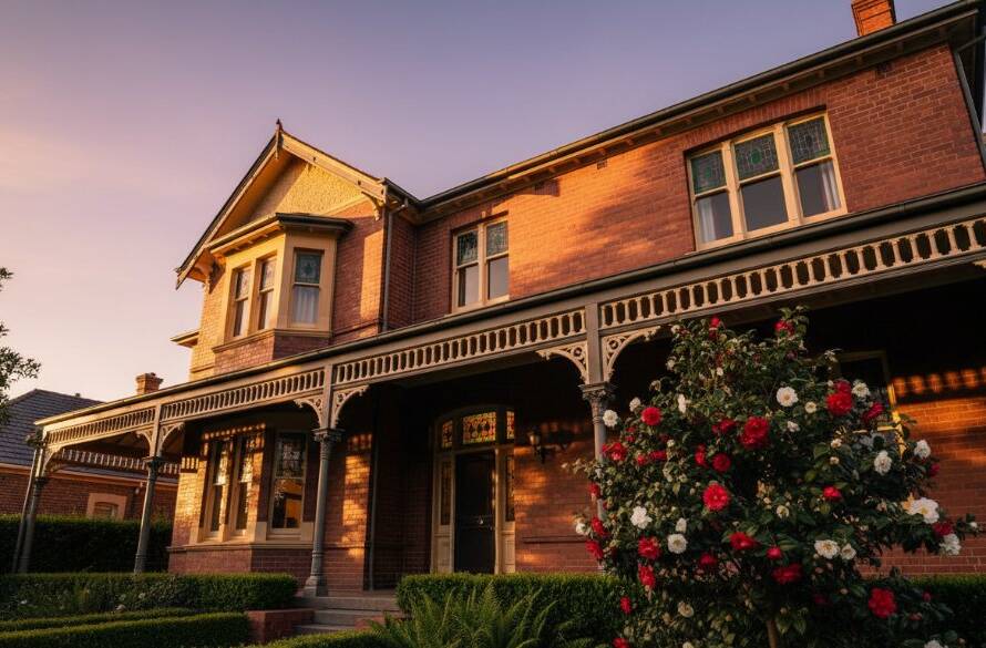 Dramatic wide-angle shot capturing the intricate brickwork and ornate details of a grand Malvern East Edwardian architecture photography subject under a golden hour sky, evoking timeless elegance and a strong sense of place.