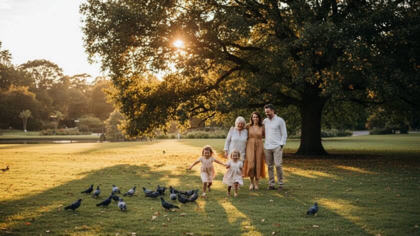 An emotive, golden hour Malvern East family photography capturing genuine moments, showing parents laughing joyfully with their two young children mid-stride through a sun-dappled park, professional colour grading.