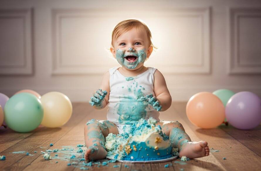 An epic moment captured in a Malvern East first birthday cake smash photography experience, featuring a gleeful toddler with frosting smeared across their face, hands deep in a colourful cake, set against a beautifully styled backdrop with soft, dramatic lighting, celebrating their first birthday joyfully.