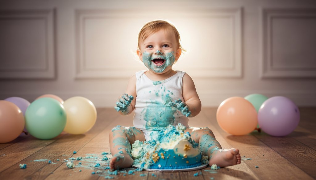 An epic moment captured in a Malvern East first birthday cake smash photography experience, featuring a gleeful toddler with frosting smeared across their face, hands deep in a colourful cake, set against a beautifully styled backdrop with soft, dramatic lighting, celebrating their first birthday joyfully.