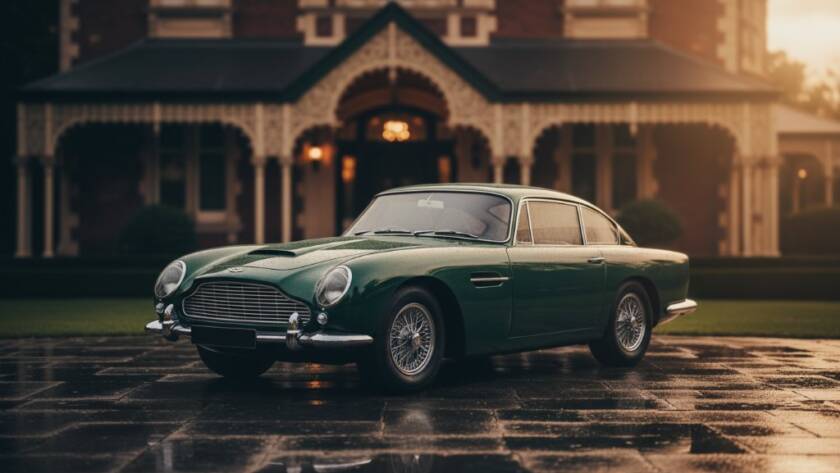 Dramatic evening shot showcasing Malvern East Luxury Car Photography Heritage Setting, with a gleaming vintage sports car parked elegantly in front of a grand, historic home, bathed in golden hour light, creating an epic, timeless moment.