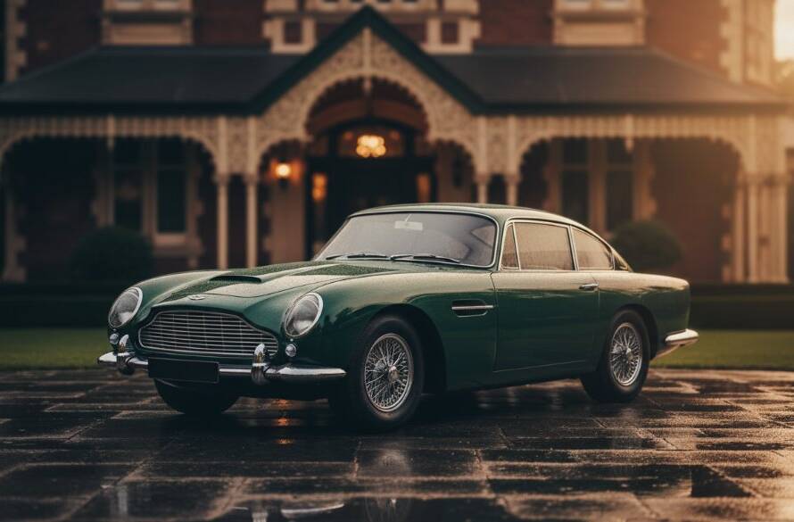 Dramatic evening shot showcasing Malvern East Luxury Car Photography Heritage Setting, with a gleaming vintage sports car parked elegantly in front of a grand, historic home, bathed in golden hour light, creating an epic, timeless moment.