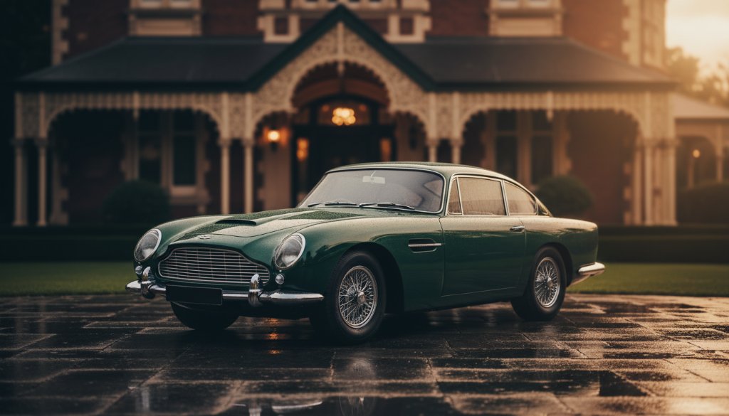 Dramatic evening shot showcasing Malvern East Luxury Car Photography Heritage Setting, with a gleaming vintage sports car parked elegantly in front of a grand, historic home, bathed in golden hour light, creating an epic, timeless moment.