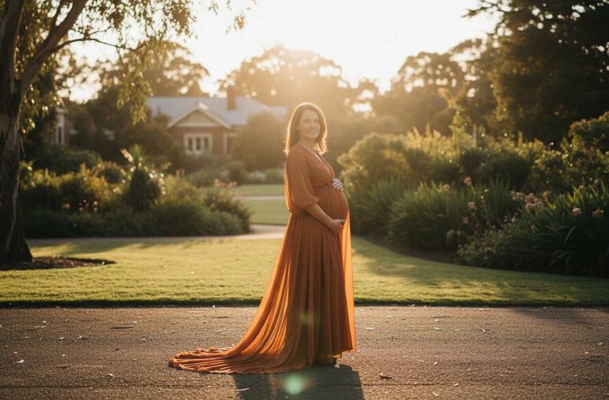 An expectant mother, in an ethereal flowing gown, lovingly cradles her baby bump amidst the soft, golden hour glow of a natural park in Malvern East, Victoria, during a Malvern East maternity photography intimate outdoor session, captured with professional, cinematic lighting and rich colour grading.