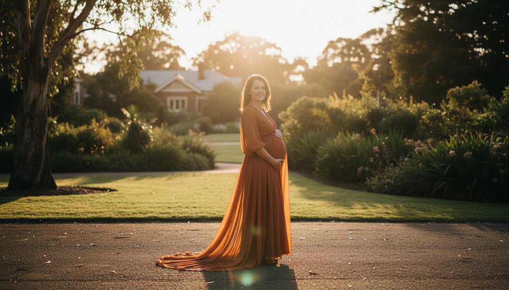 An expectant mother, in an ethereal flowing gown, lovingly cradles her baby bump amidst the soft, golden hour glow of a natural park in Malvern East, Victoria, during a Malvern East maternity photography intimate outdoor session, captured with professional, cinematic lighting and rich colour grading.