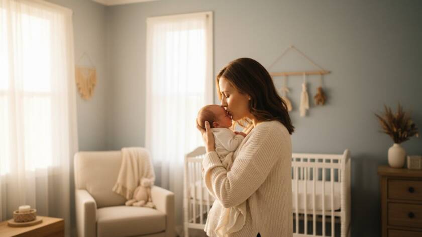 A tender, cinematic wide shot of a mother gently cradling her newborn baby by a sunlit window in a beautiful, styled Malvern East home, capturing the precious Malvern East newborn photography at home moment with dramatic light and soft focus.