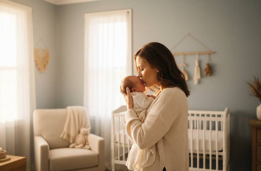 A tender, cinematic wide shot of a mother gently cradling her newborn baby by a sunlit window in a beautiful, styled Malvern East home, capturing the precious Malvern East newborn photography at home moment with dramatic light and soft focus.