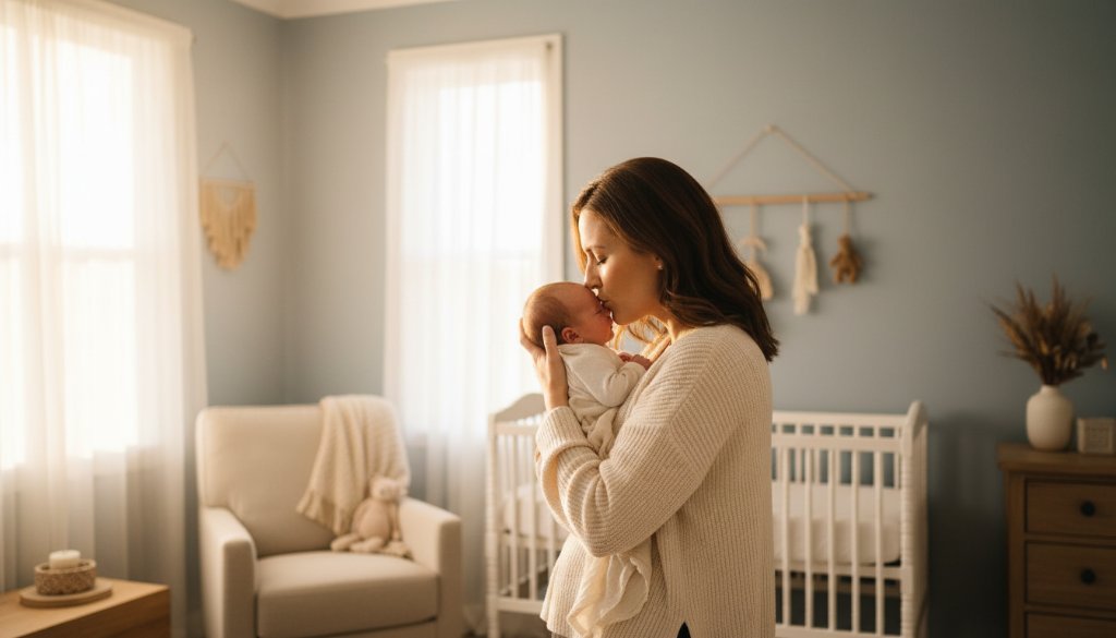 A tender, cinematic wide shot of a mother gently cradling her newborn baby by a sunlit window in a beautiful, styled Malvern East home, capturing the precious Malvern East newborn photography at home moment with dramatic light and soft focus.