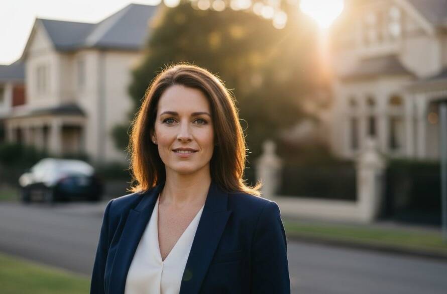 An inspiring, dramatic headshot of a confident professional in Malvern East, capturing authentic career success. The subject stands in front of a subtly blurred, elegant architectural background typical of the area, bathed in warm, cinematic light during golden hour. Their gaze is direct and assured, embodying ambition and approachability. This Malvern East professional headshot reflects a pivotal moment of achievement, with depth of field highlighting the subject's face against a sophisticated backdrop.