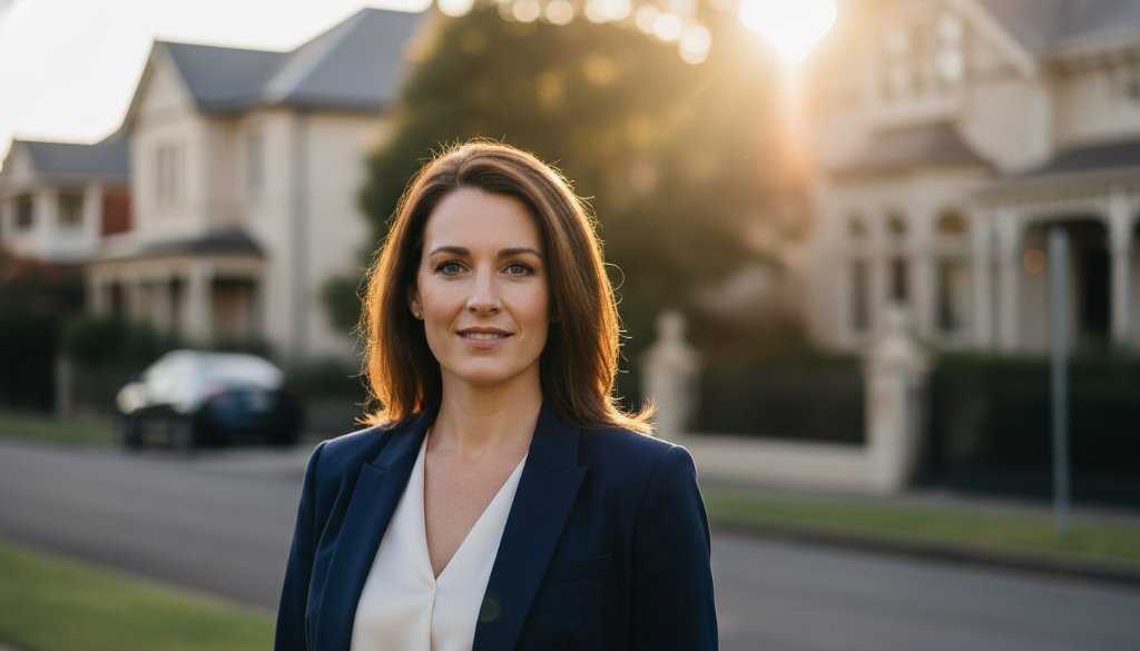 An inspiring, dramatic headshot of a confident professional in Malvern East, capturing authentic career success. The subject stands in front of a subtly blurred, elegant architectural background typical of the area, bathed in warm, cinematic light during golden hour. Their gaze is direct and assured, embodying ambition and approachability. This Malvern East professional headshot reflects a pivotal moment of achievement, with depth of field highlighting the subject's face against a sophisticated backdrop.