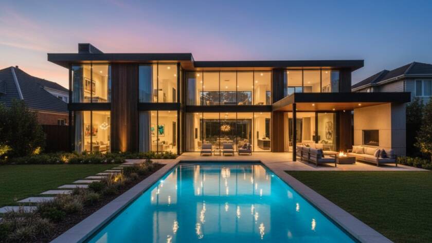 A stunning, wide-angle, twilight photograph of a modern, well-lit Malvern East home, with its manicured garden and inviting pool, perfectly capturing the Malvern East real estate photography showcasing lifestyle, bathed in the warm glow of evening lights under a dramatic, deep blue sky.