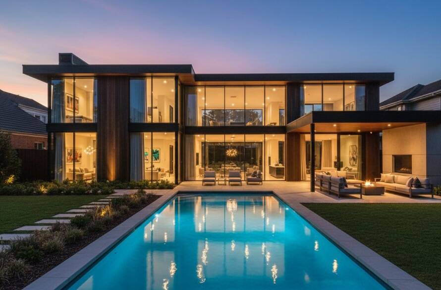 A stunning, wide-angle, twilight photograph of a modern, well-lit Malvern East home, with its manicured garden and inviting pool, perfectly capturing the Malvern East real estate photography showcasing lifestyle, bathed in the warm glow of evening lights under a dramatic, deep blue sky.