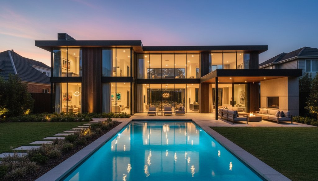 A stunning, wide-angle, twilight photograph of a modern, well-lit Malvern East home, with its manicured garden and inviting pool, perfectly capturing the Malvern East real estate photography showcasing lifestyle, bathed in the warm glow of evening lights under a dramatic, deep blue sky.