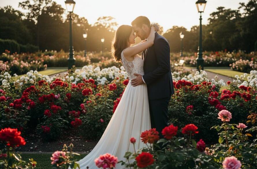 A couple shares a tender, intimate moment during their Malvern East romantic pre-wedding photoshoot inspiration session, captured dramatically at sunset in a lush Malvern East garden, with warm golden hour light silhouetting them against vibrant greenery.