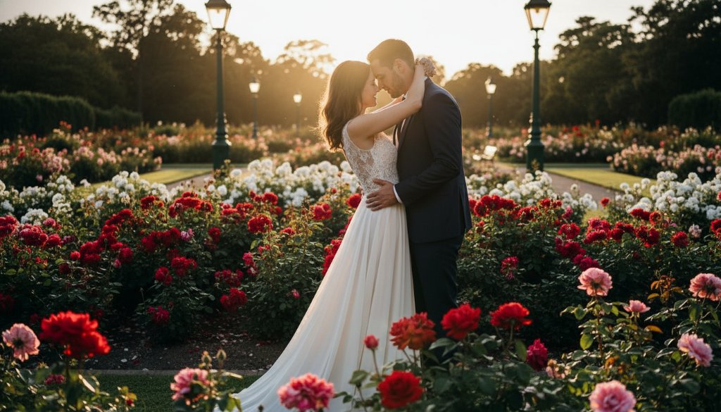 A couple shares a tender, intimate moment during their Malvern East romantic pre-wedding photoshoot inspiration session, captured dramatically at sunset in a lush Malvern East garden, with warm golden hour light silhouetting them against vibrant greenery.
