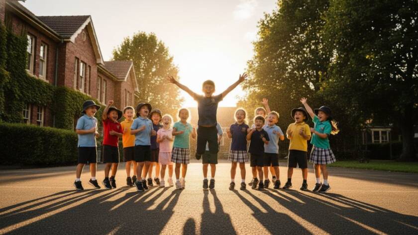 An emotionally resonant, wide-angle professional photograph capturing a group of happy primary school children in Malvern East, Victoria, during recess. One child is mid-laugh while high-fiving another, with dappled sunlight streaming through old gum trees in the background, creating a warm, golden glow. The image, a perfect example of Malvern East school photography capturing genuine student moments, is professionally color-graded with a shallow depth of field, highlighting the joyous interaction and the vibrant energy of youth.