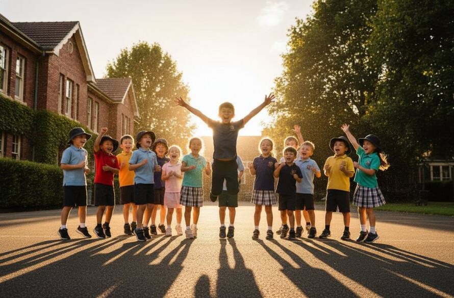 An emotionally resonant, wide-angle professional photograph capturing a group of happy primary school children in Malvern East, Victoria, during recess. One child is mid-laugh while high-fiving another, with dappled sunlight streaming through old gum trees in the background, creating a warm, golden glow. The image, a perfect example of Malvern East school photography capturing genuine student moments, is professionally color-graded with a shallow depth of field, highlighting the joyous interaction and the vibrant energy of youth.