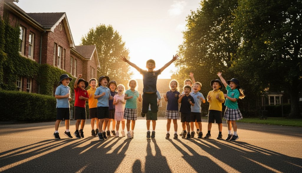 An emotionally resonant, wide-angle professional photograph capturing a group of happy primary school children in Malvern East, Victoria, during recess. One child is mid-laugh while high-fiving another, with dappled sunlight streaming through old gum trees in the background, creating a warm, golden glow. The image, a perfect example of Malvern East school photography capturing genuine student moments, is professionally color-graded with a shallow depth of field, highlighting the joyous interaction and the vibrant energy of youth.