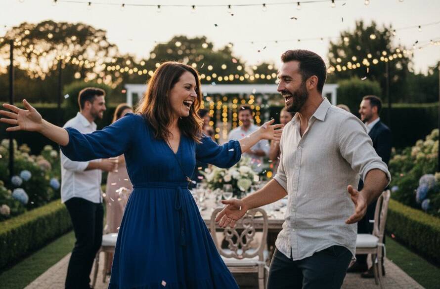 Dynamic wide shot capturing an epic moment of joy and laughter during Malvern East vibrant party photography, with guests dancing under fairy lights in a beautifully decorated garden setting at dusk.