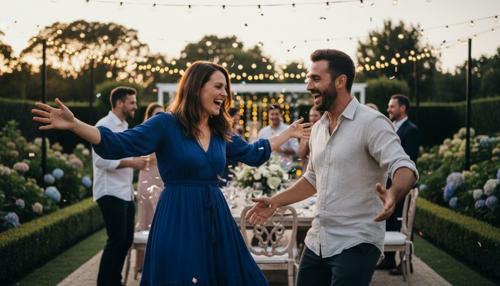 Dynamic wide shot capturing an epic moment of joy and laughter during Malvern East vibrant party photography, with guests dancing under fairy lights in a beautifully decorated garden setting at dusk.