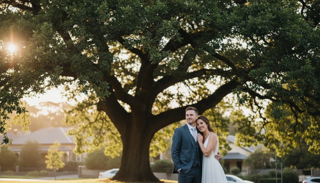 A beautifully composed, candid photograph capturing a joyful newlywed couple sharing an intimate laugh during their Malvern East Wedding Photography Candid Moments, with soft, golden hour light filtering through mature oak trees in a Malvern East garden, showcasing genuine emotion and the picturesque local setting.