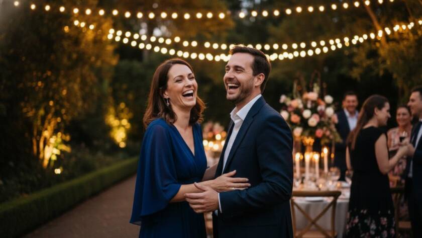 An epic moment of joyful celebration captured by Malvern Event Photography Capturing Authentic Moments, showing guests laughing heartily under elegant string lights at a vibrant evening event in a Malvern garden venue, with dramatic professional lighting and rich colours.