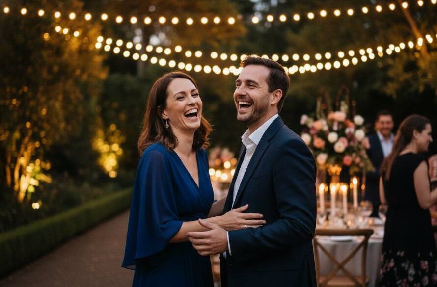 An epic moment of joyful celebration captured by Malvern Event Photography Capturing Authentic Moments, showing guests laughing heartily under elegant string lights at a vibrant evening event in a Malvern garden venue, with dramatic professional lighting and rich colours.