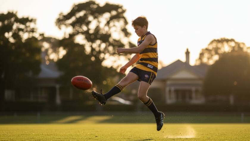 An energetic, low-angle shot of a young athlete mid-jump during a rugby game on a sunny day at a Malvern oval, capturing Malvern junior sports photography action shots Victoria with dramatic lighting and blurred background.