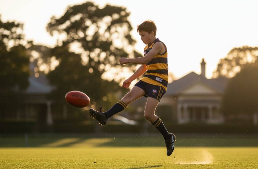 An energetic, low-angle shot of a young athlete mid-jump during a rugby game on a sunny day at a Malvern oval, capturing Malvern junior sports photography action shots Victoria with dramatic lighting and blurred background.