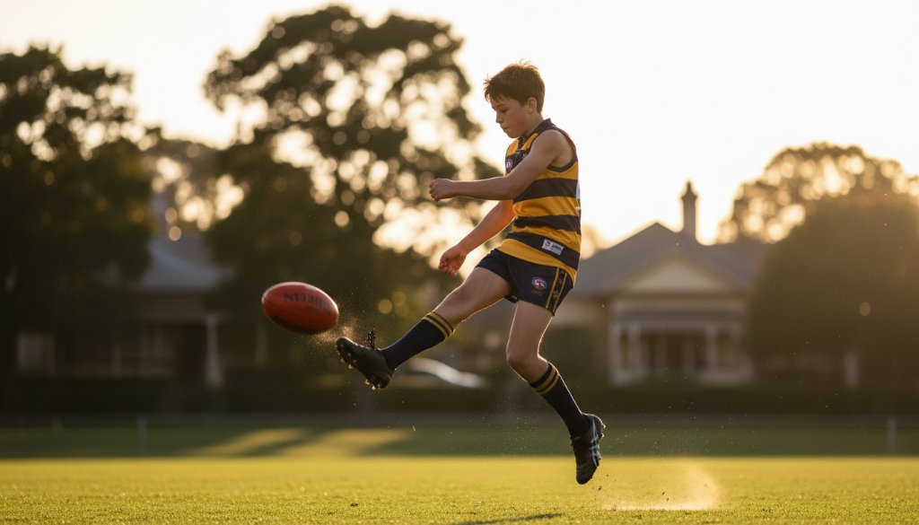 An energetic, low-angle shot of a young athlete mid-jump during a rugby game on a sunny day at a Malvern oval, capturing Malvern junior sports photography action shots Victoria with dramatic lighting and blurred background.