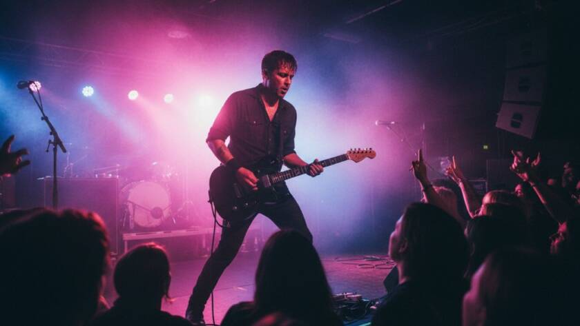 An epic moment of Malvern Live Music Photography Capturing Energy, featuring a lead guitarist bathed in dramatic stage lights, mid-solo, with blurred, enthusiastic crowd in the background, professional colour grading.
