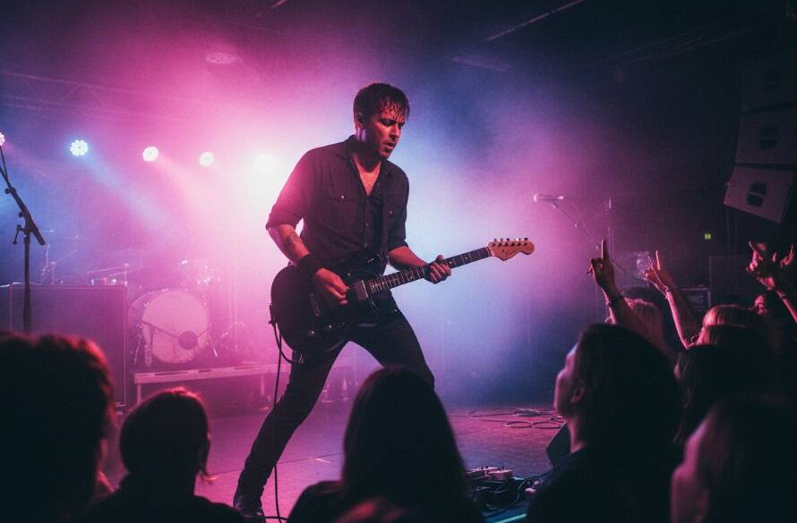 An epic moment of Malvern Live Music Photography Capturing Energy, featuring a lead guitarist bathed in dramatic stage lights, mid-solo, with blurred, enthusiastic crowd in the background, professional colour grading.