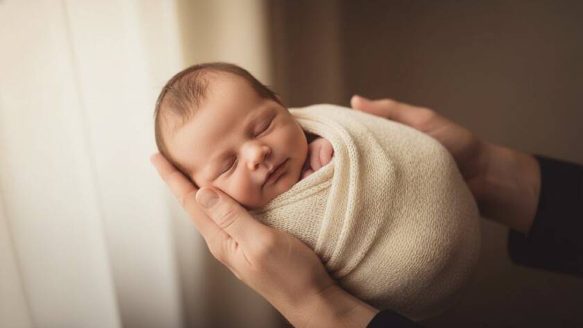 A tender Malvern newborn photography heirloom portrait featuring a sleeping baby wrapped in soft fabric, held gently by parents' hands against a beautifully lit, warm background, evoking timeless joy and new beginnings.