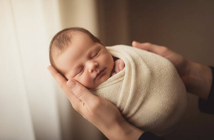 A tender Malvern newborn photography heirloom portrait featuring a sleeping baby wrapped in soft fabric, held gently by parents' hands against a beautifully lit, warm background, evoking timeless joy and new beginnings.