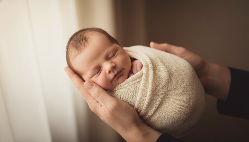 A tender Malvern newborn photography heirloom portrait featuring a sleeping baby wrapped in soft fabric, held gently by parents' hands against a beautifully lit, warm background, evoking timeless joy and new beginnings.