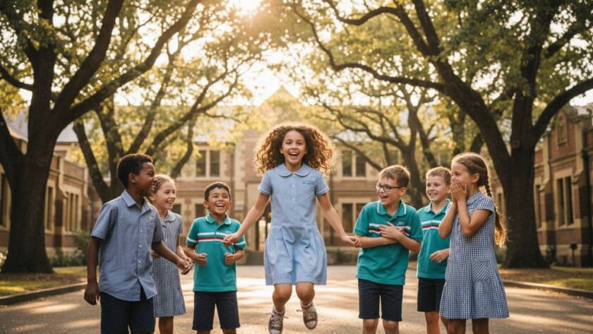 A candid, joyous photograph of diverse students at a Malvern school, perfectly embodying Malvern School Photography Capturing Authentic Student Moments, with one student laughing brightly while holding a textbook in a sun-drenched, tree-lined courtyard, professionally colour-graded with a golden hour glow.