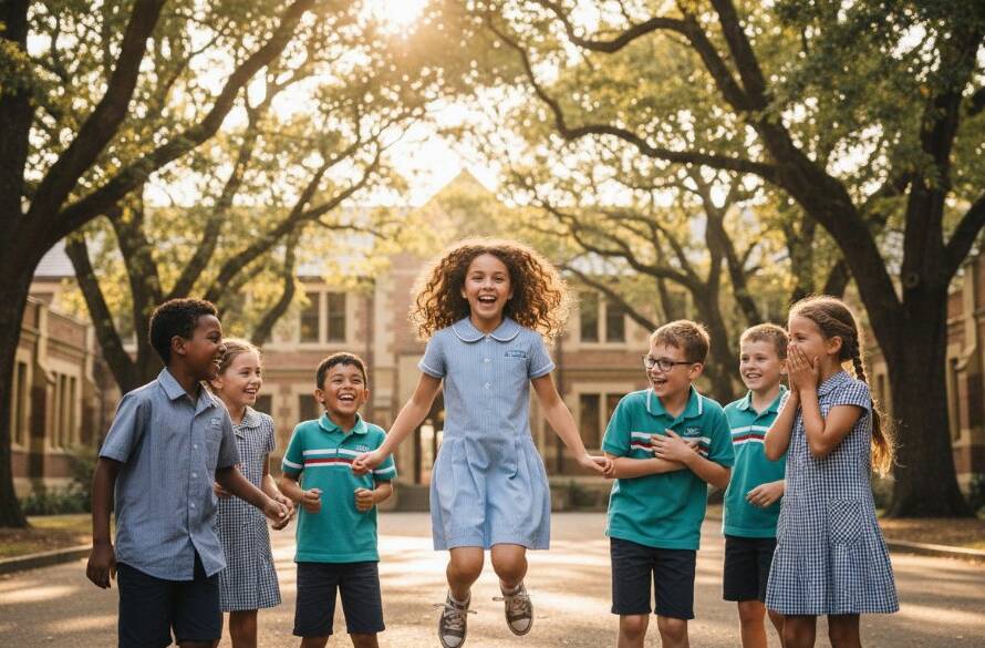 A candid, joyous photograph of diverse students at a Malvern school, perfectly embodying Malvern School Photography Capturing Authentic Student Moments, with one student laughing brightly while holding a textbook in a sun-drenched, tree-lined courtyard, professionally colour-graded with a golden hour glow.