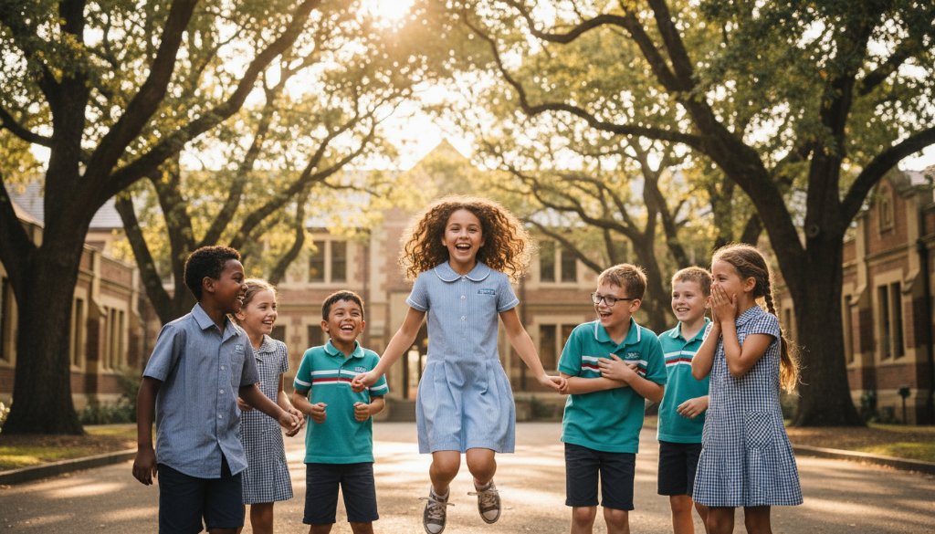 A candid, joyous photograph of diverse students at a Malvern school, perfectly embodying Malvern School Photography Capturing Authentic Student Moments, with one student laughing brightly while holding a textbook in a sun-drenched, tree-lined courtyard, professionally colour-graded with a golden hour glow.