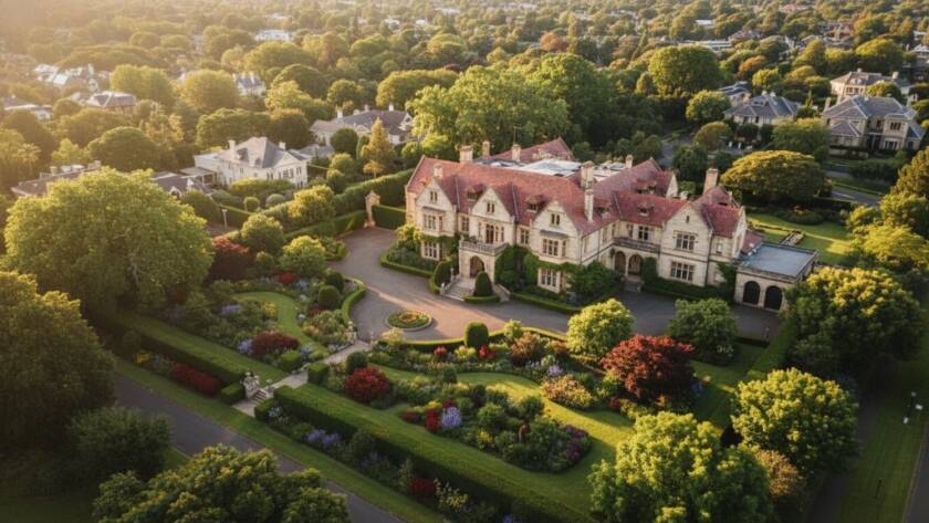 An breathtaking aerial view of a grand heritage estate in Malvern, Victoria, captured at sunrise with a drone, showcasing its intricate architecture and lush gardens. This Malvern Victoria drone photography heritage estates image highlights luxury and elegance.