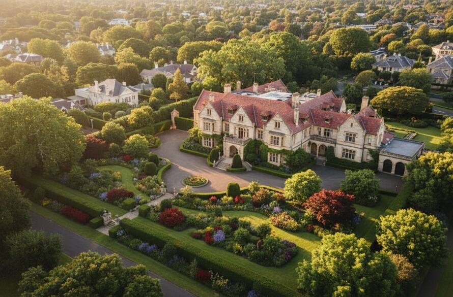 An breathtaking aerial view of a grand heritage estate in Malvern, Victoria, captured at sunrise with a drone, showcasing its intricate architecture and lush gardens. This Malvern Victoria drone photography heritage estates image highlights luxury and elegance.